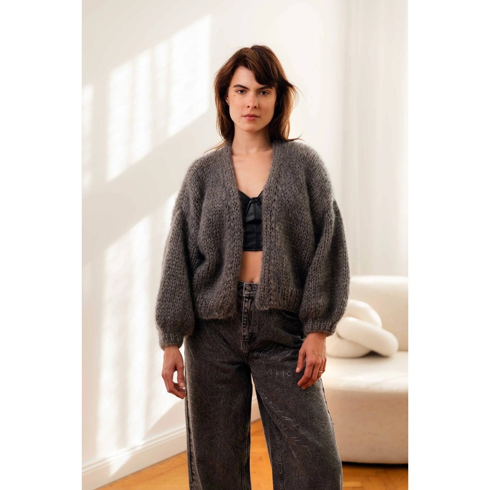 Handmade Knit Mohair Cardigan Womens L Grey Fuzzy Style Open Front Chunky Boho